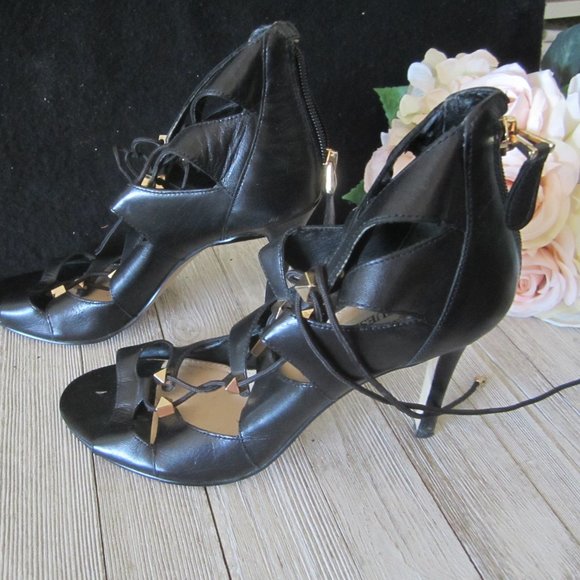 GUESS - Black Leather with Gold Studs lace up spike heels - Sz8 - Picture 1 of 10
